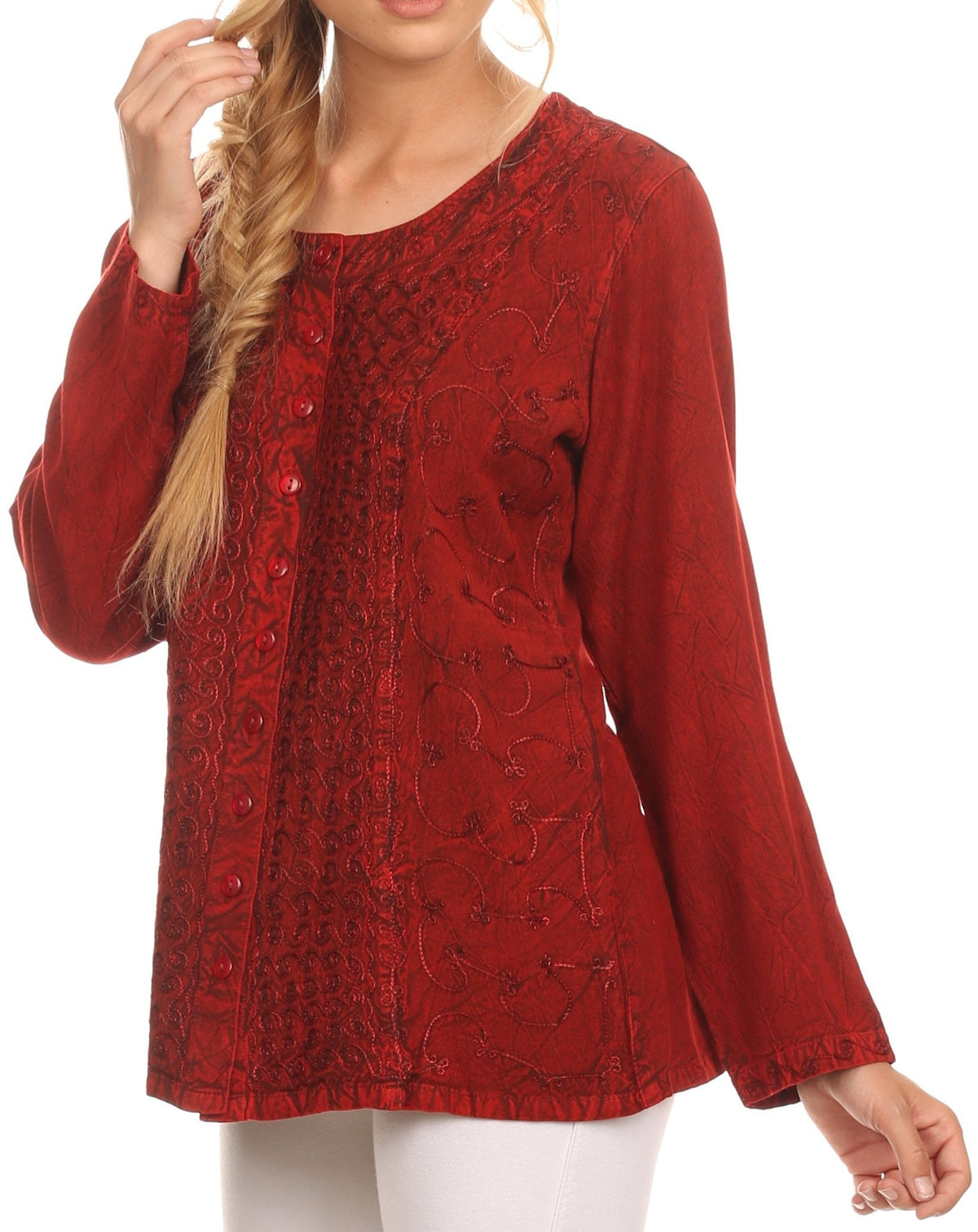 Red long-sleeve blouse with deep scoop neckline and button front in patterned fabric