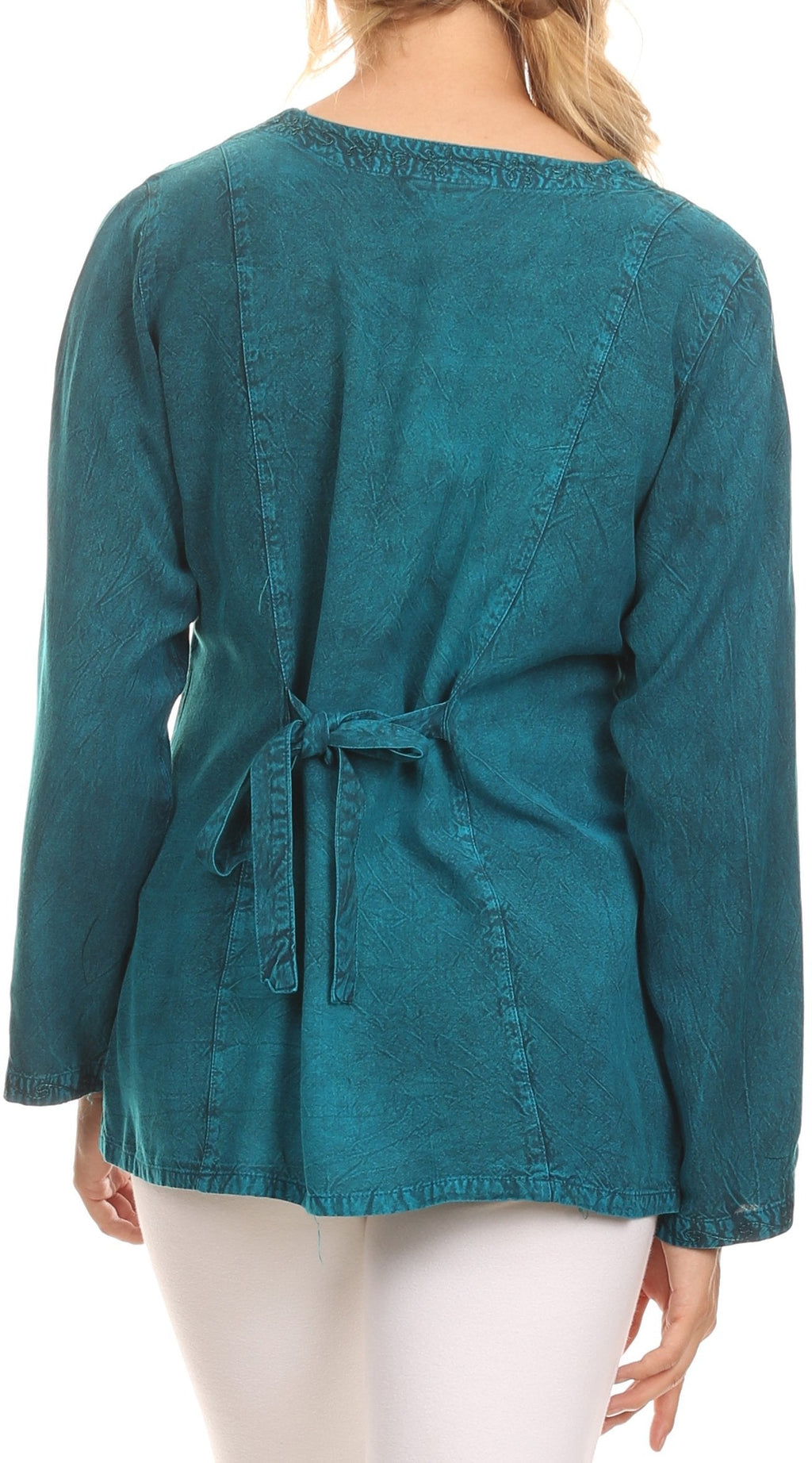 Teal blouse back view with tied adjustable strap at the waist and buttoned center back