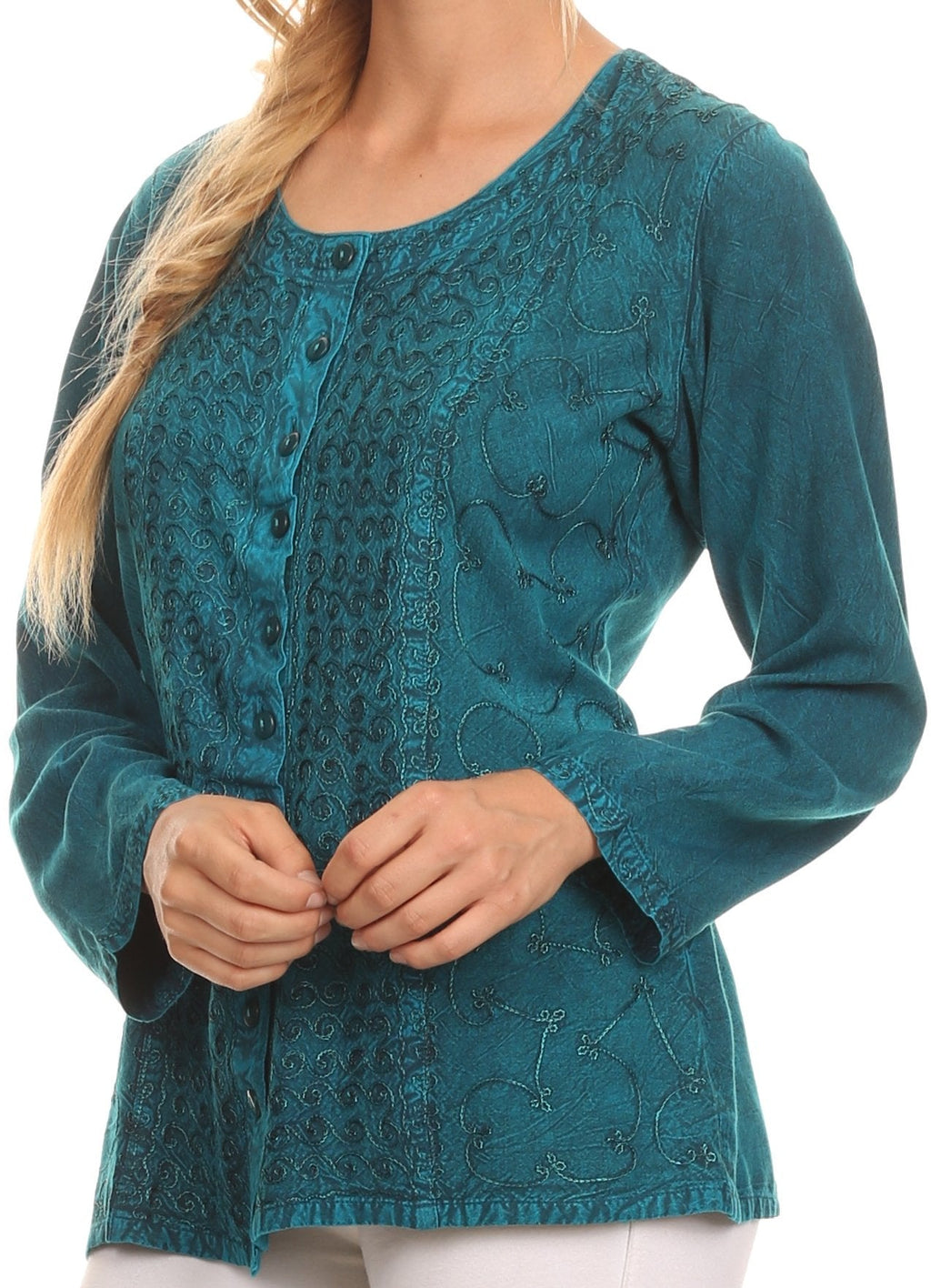 Teal long-sleeve blouse close-up with deep scoop neck, button front, and textured pattern