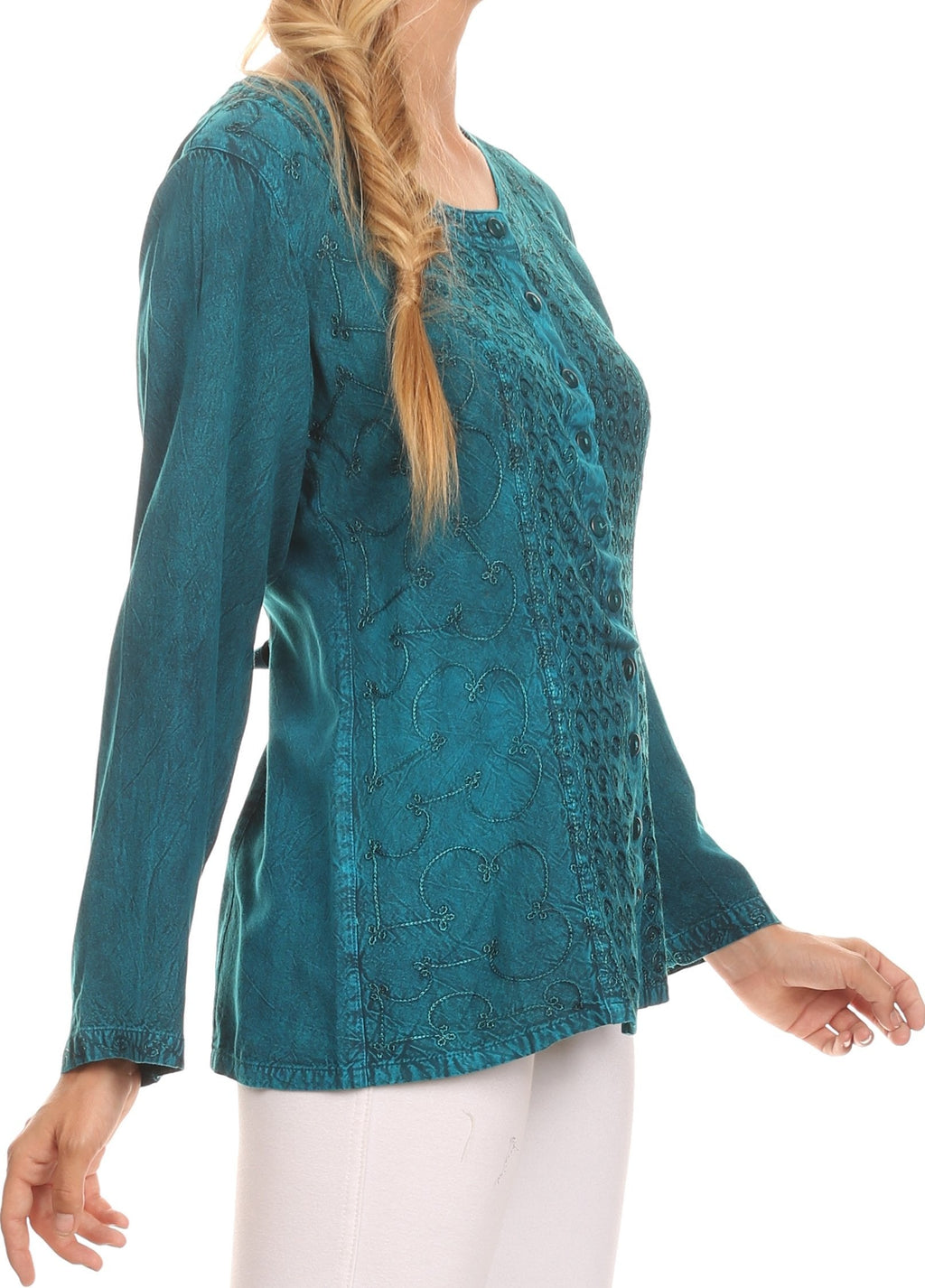 Teal long-sleeve blouse with deep scoop neckline and button front, patterned fabric