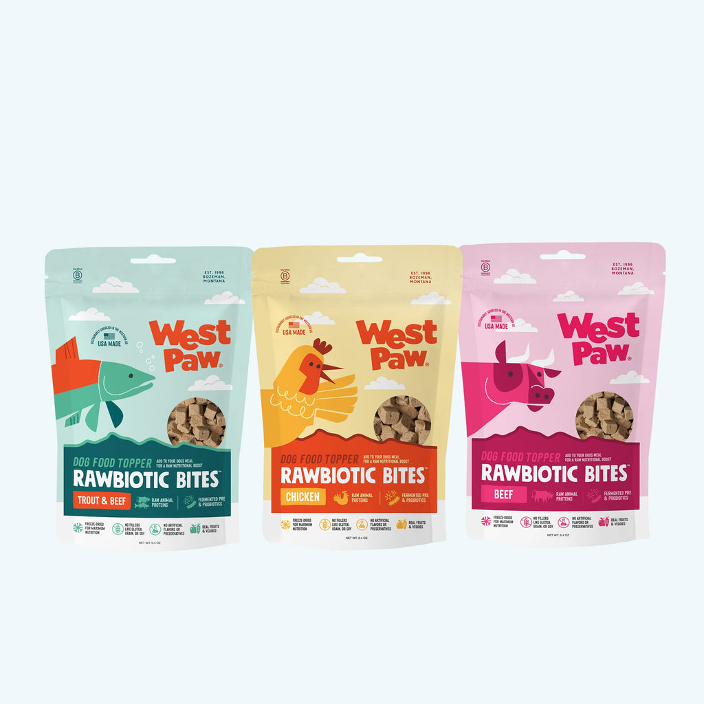 Three West Paw rawbiotic bites dog food topper pouches: trout & beef, chicken, beef