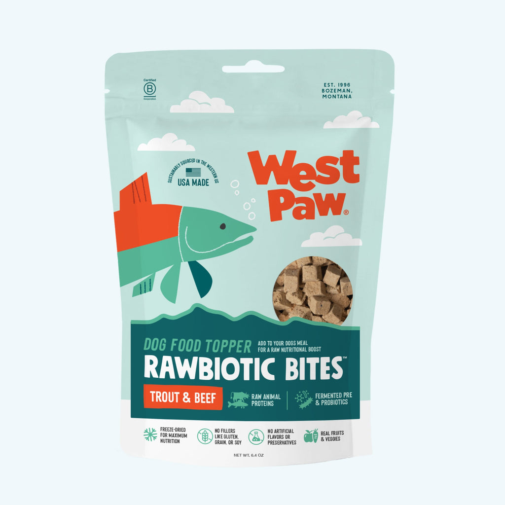 West Paw rawbiotic bites dog food topper pouch, trout & beef, stand-up bag
