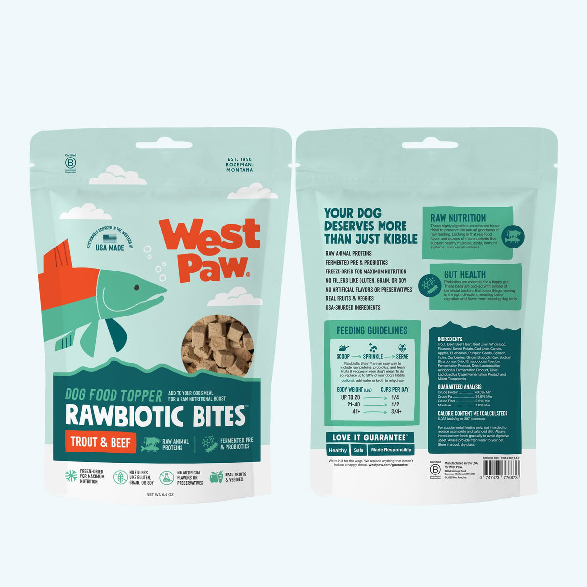 West Paw rawbiotic bites dog food topper pouch back panel with feeding details
