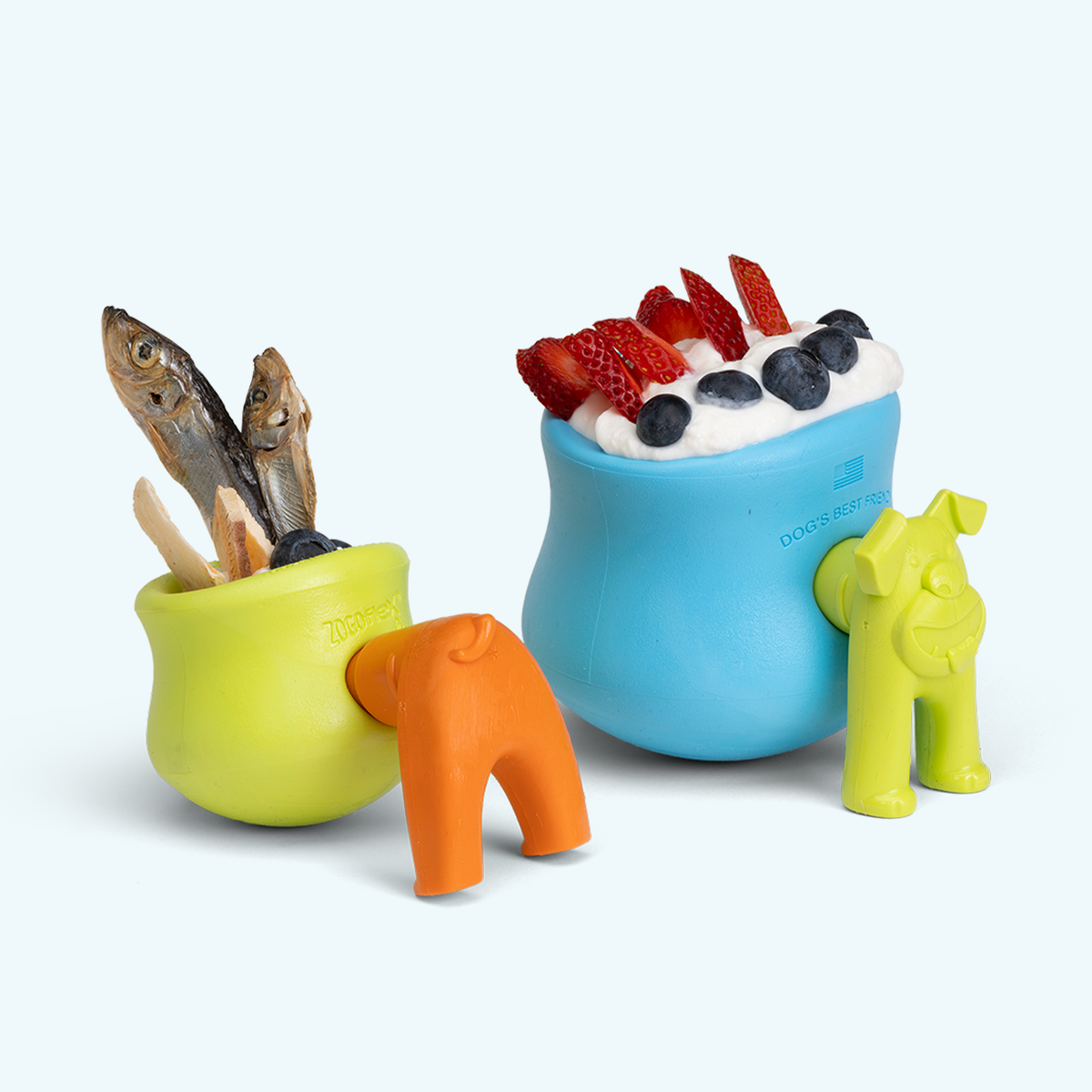 Assorted animal-shaped bottle stoppers in green, orange, and blue with food toppers