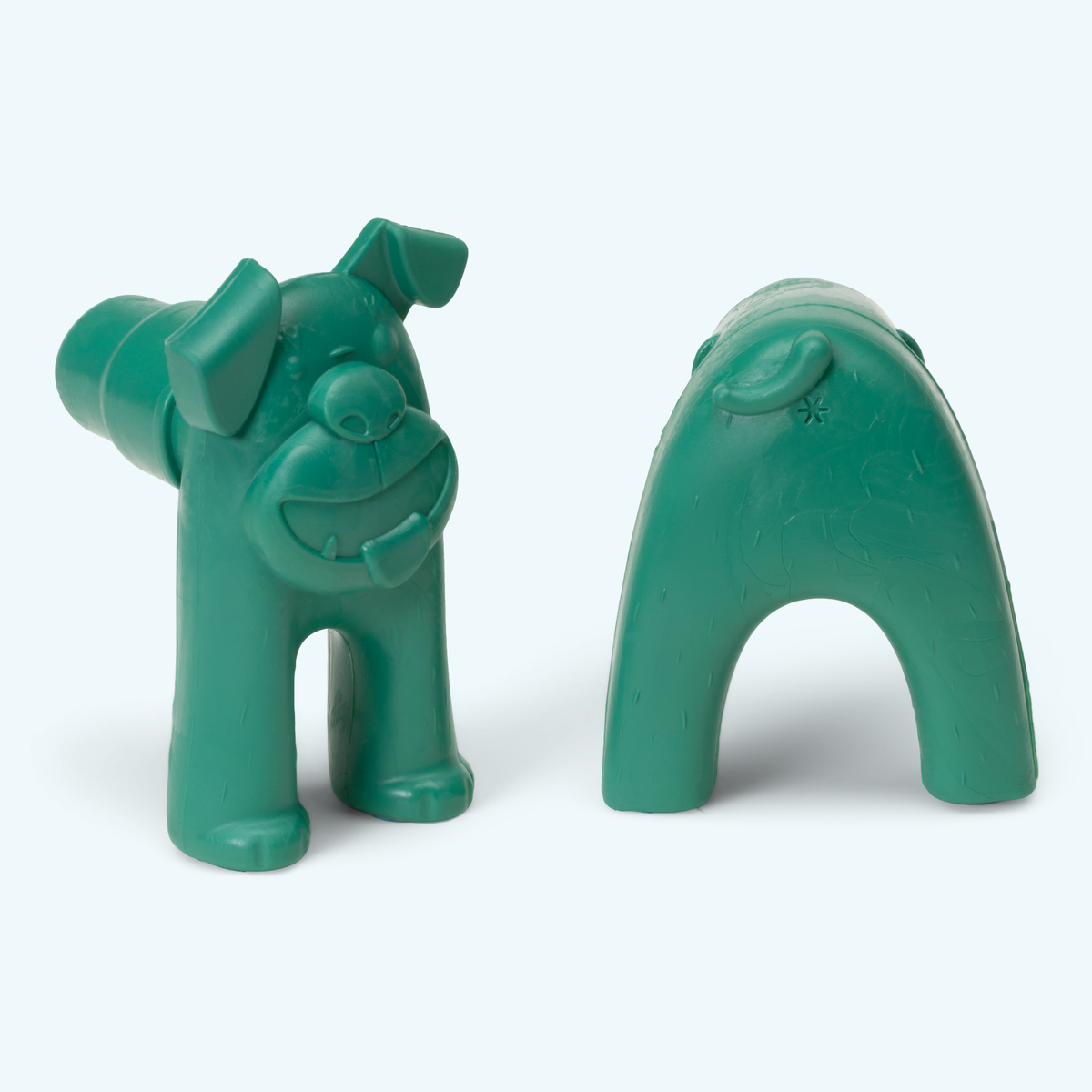 Green animal-shaped bottle stoppers with dog-like face, shown in two angles