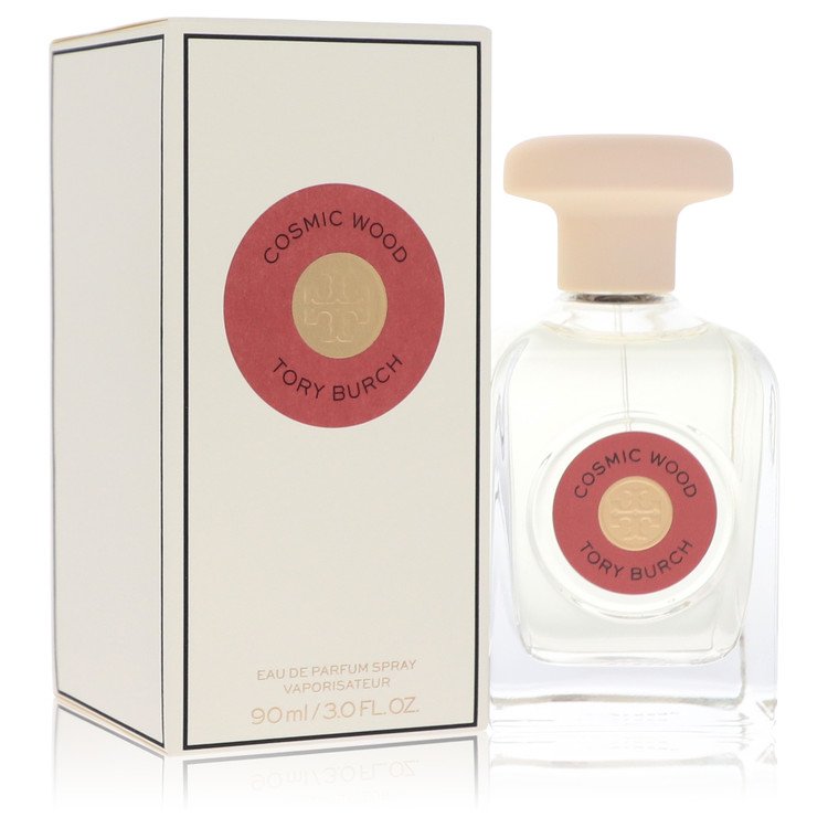 Tory Burch Cosmic Wood eau de parfum: clear square bottle, gold cap, red circular label, box