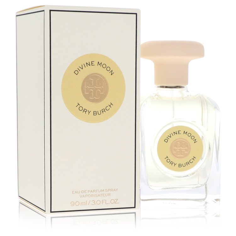 Divine Moon Eau de Parfum spray bottle with box, clear glass and beige cap