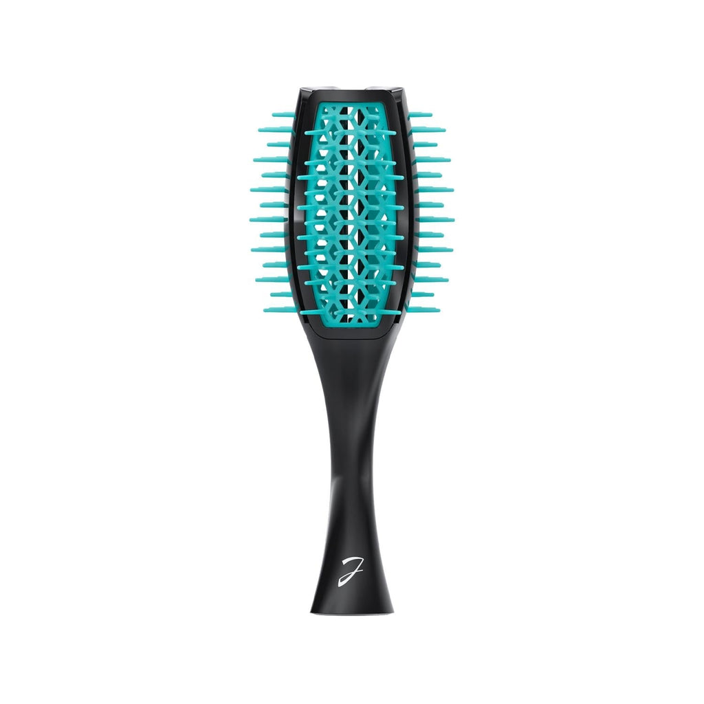 Teal-and-black detangling hair brush with curved tulip bristle pad