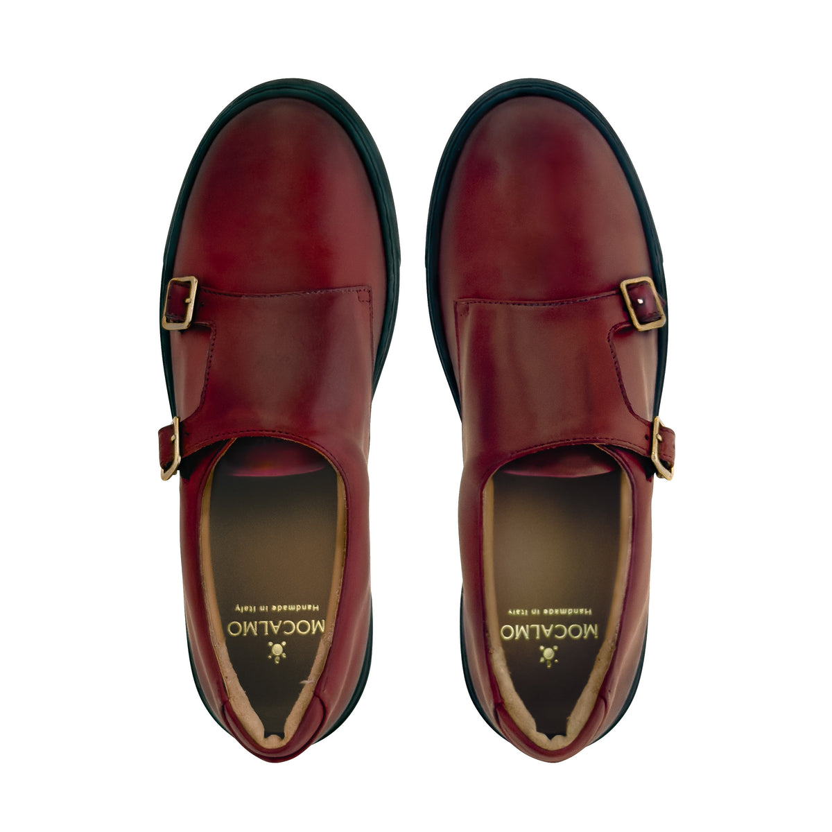 Women’s dark red slip-on shoes, open toe view shows cushioned lining and gold buckles