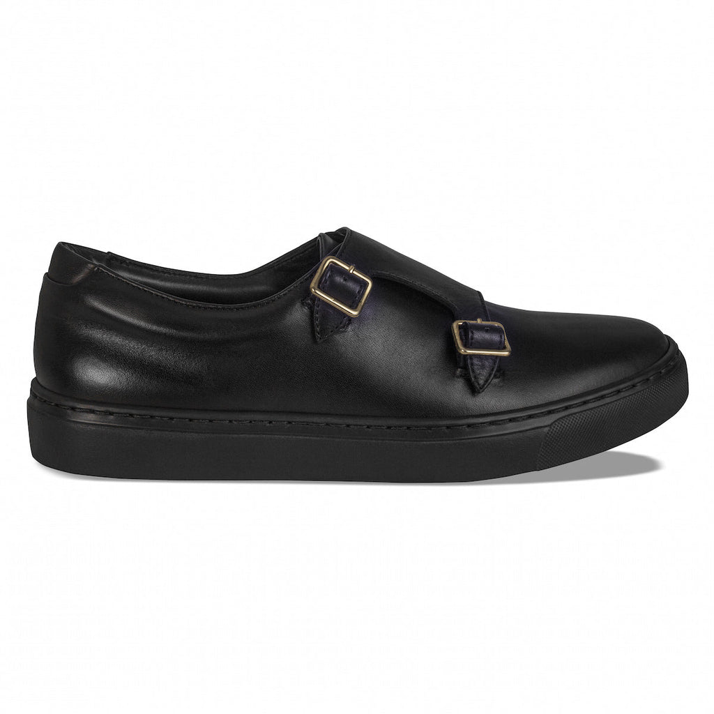 Black slip-on leather-look loafers with two gold-tone buckles