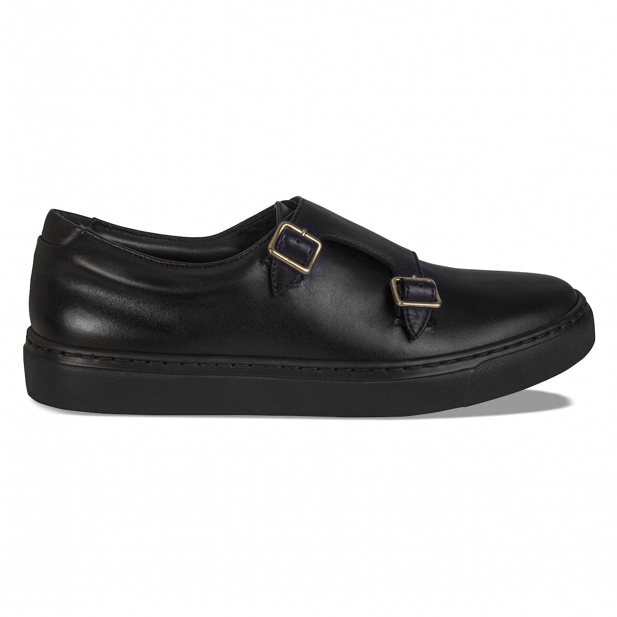 Black slip-on leather-look loafers with two gold-tone buckles
