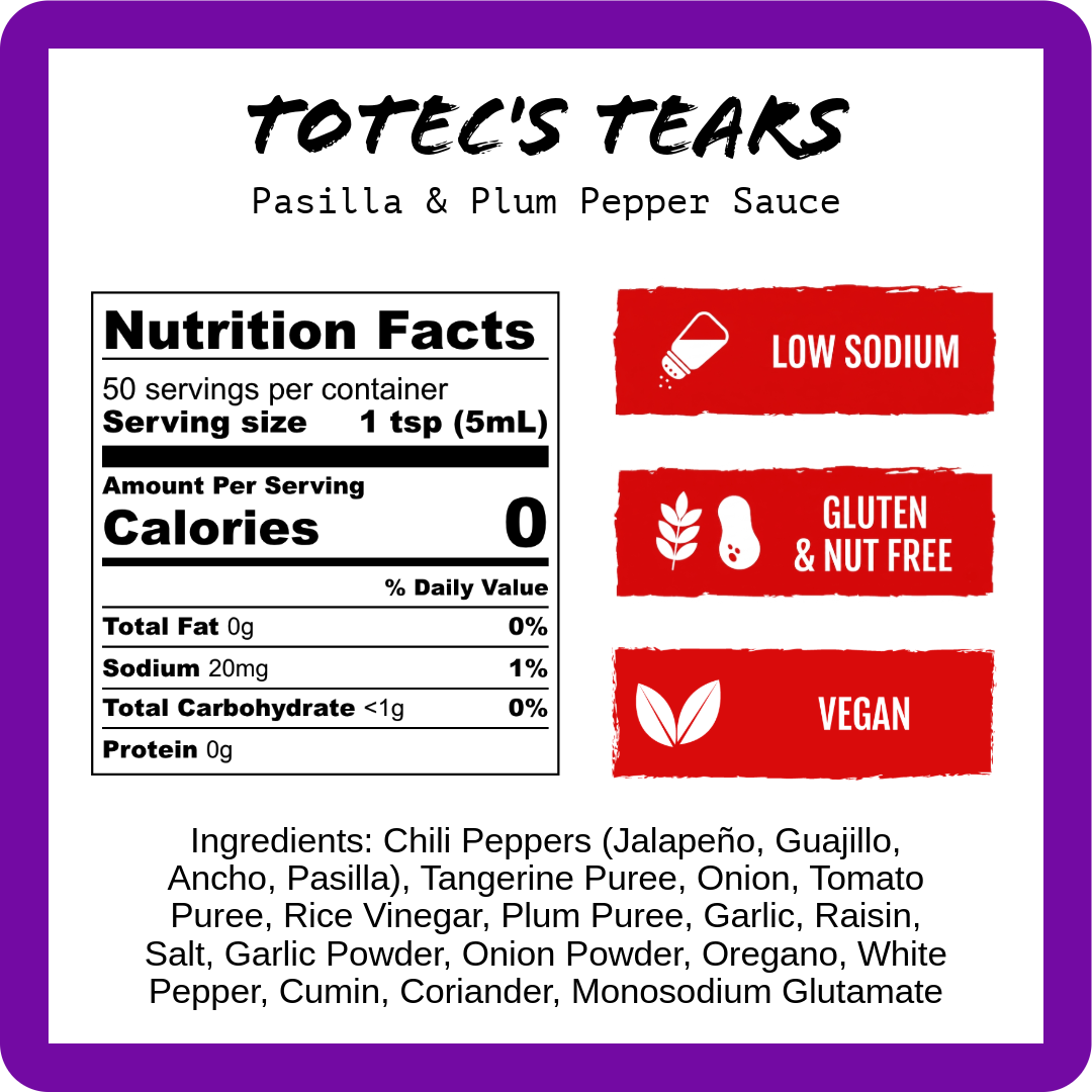 ToTec's Tears hot sauce nutrition facts panel with vegan and low-sodium badges
