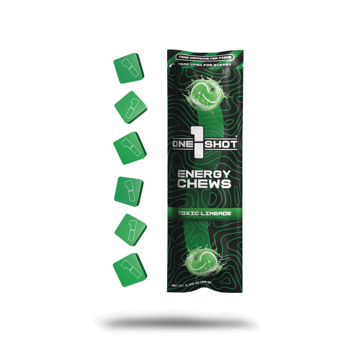 Green One Shot energy chews pouch with One Shot logo and flavor graphic