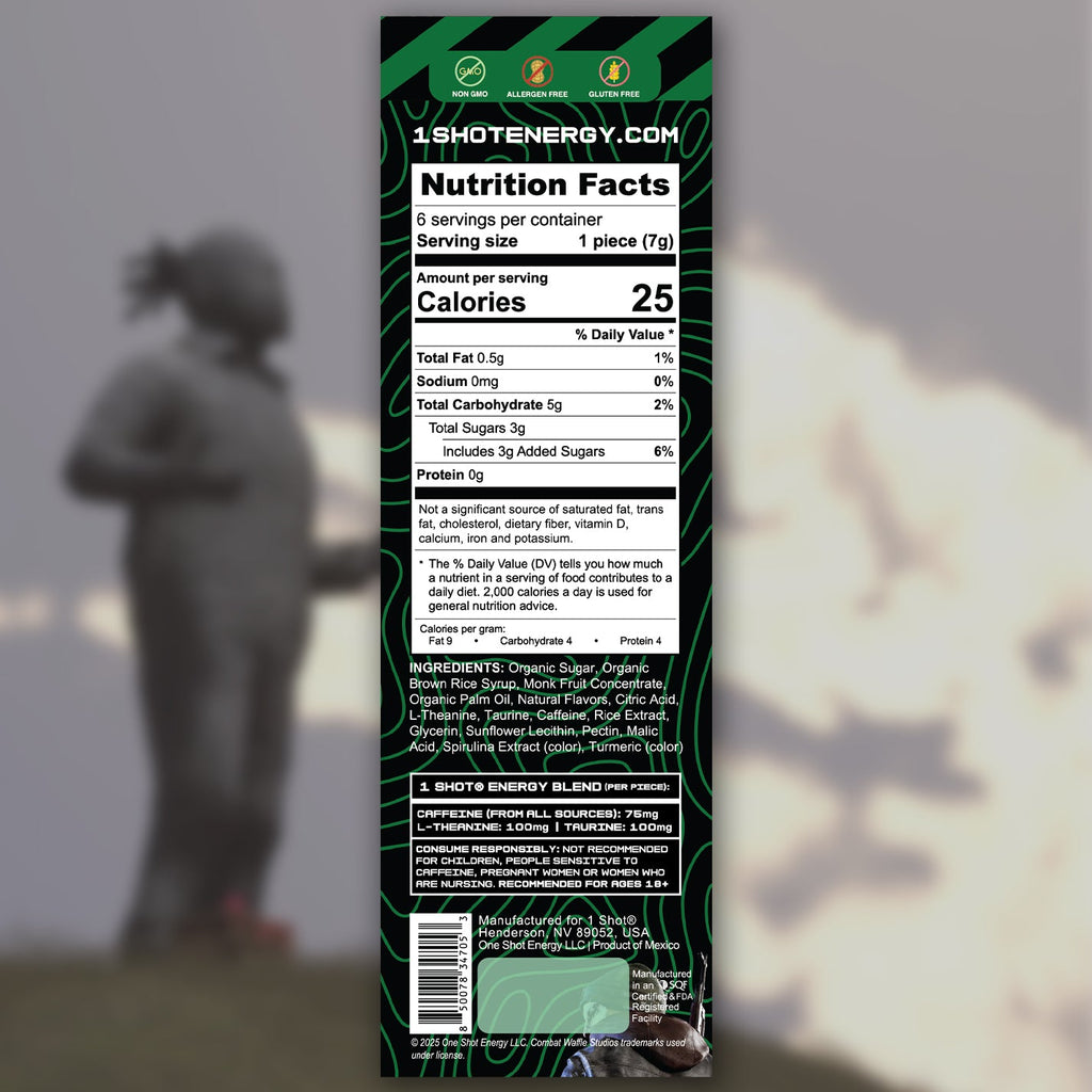 Green energy chews nutrition facts panel on back of pouch