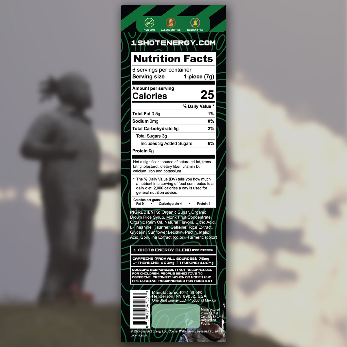 Green energy chews nutrition facts panel on back of pouch