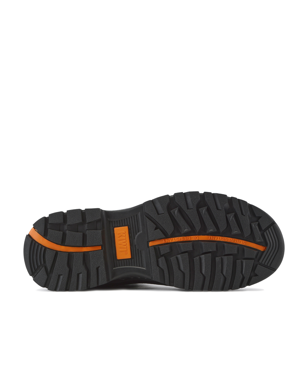 Black rubber outsole with deep lug tread and orange accent stripe on sidewall