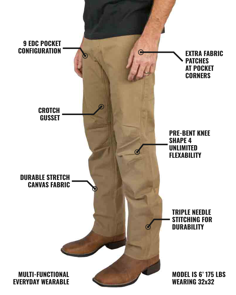 Coyote tan utility pants with reinforced stretch canvas and multiple pockets