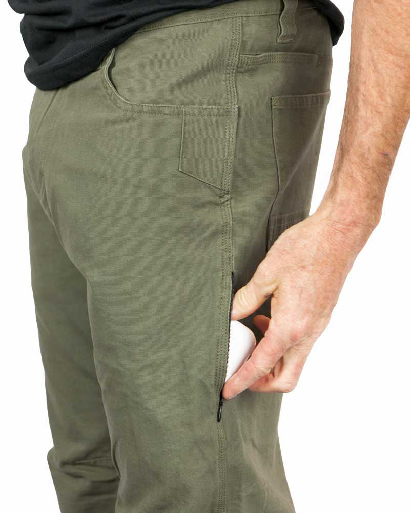 Men's dark olive tapered pants with cargo pocket and stitched front panel