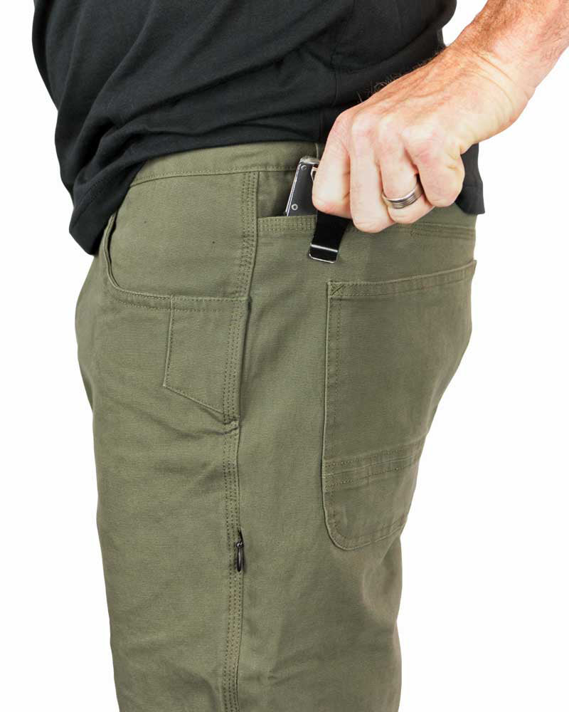 Men's dark olive pants with zip fly and front cargo pocket
