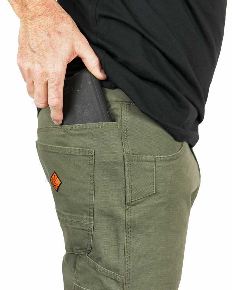 Men's dark olive pants with front cargo pockets and reinforced seam stitching