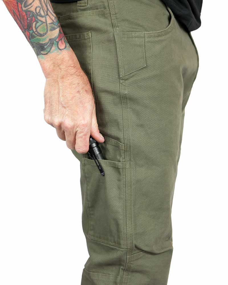 Dark olive taper-fit pants with side pockets and front zip fly