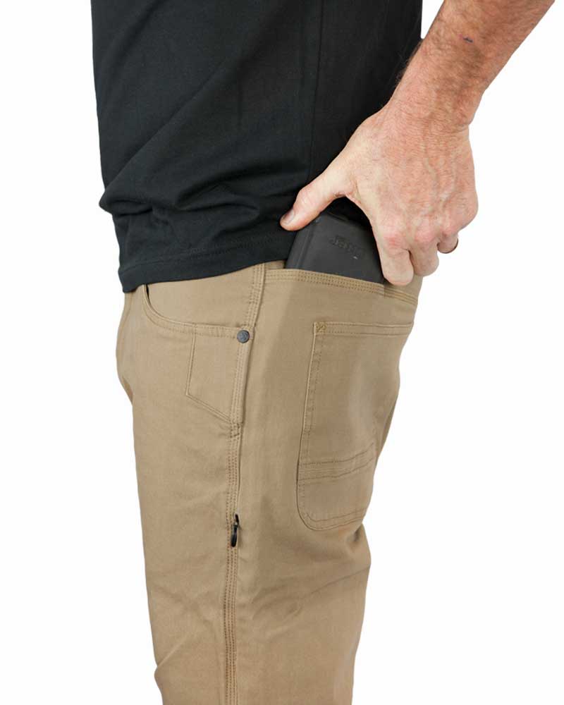 Coyote tan cargo pants with zipper pocket on the thigh and side seam