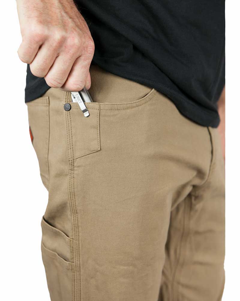 Coyote tan pants with belt loop and inner card-style pocket detail