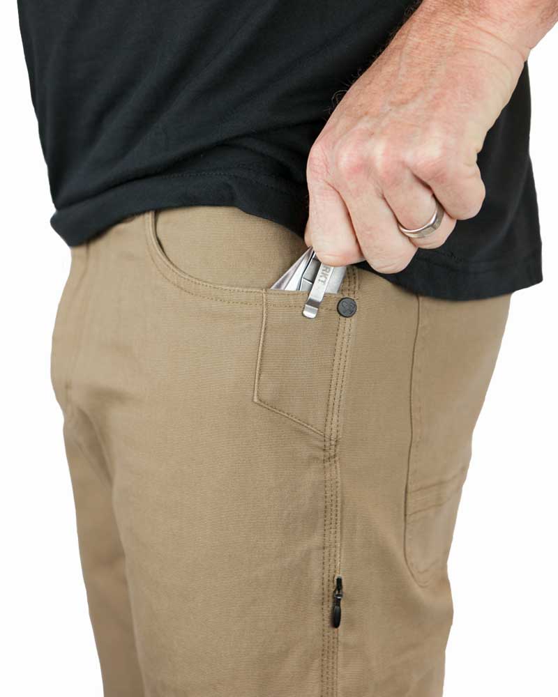 Coyote tan pants with side zipper pocket and buttoned front closure