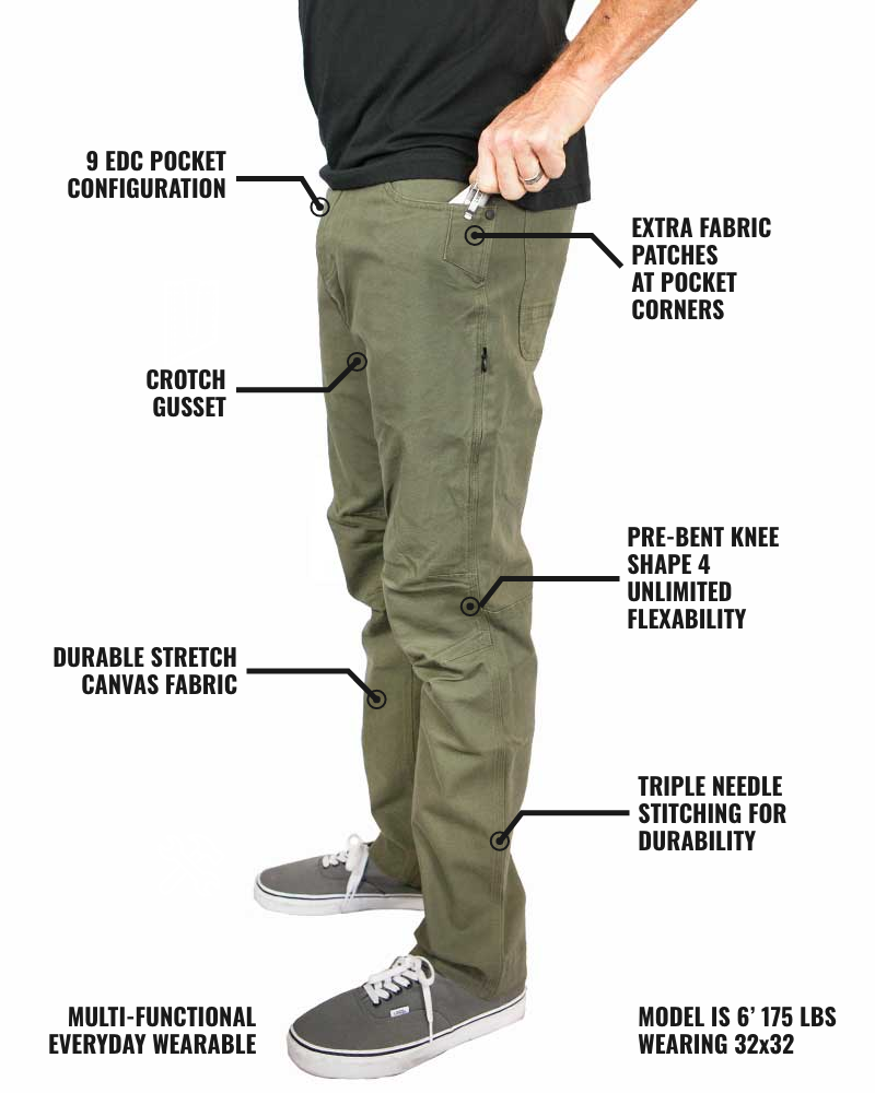 Men's olive taper-fit pants with multiple pockets and shaped knee seam