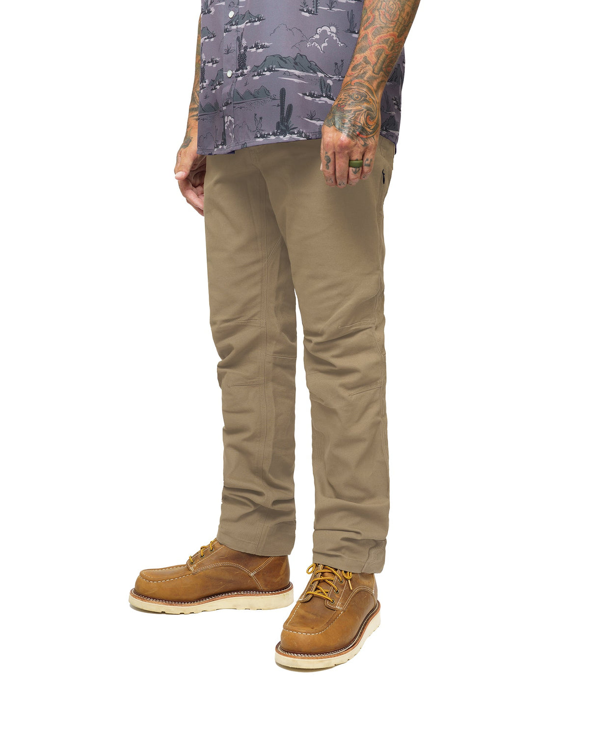 Coyote tan standard-fit pants on model, full-length view with belt loops