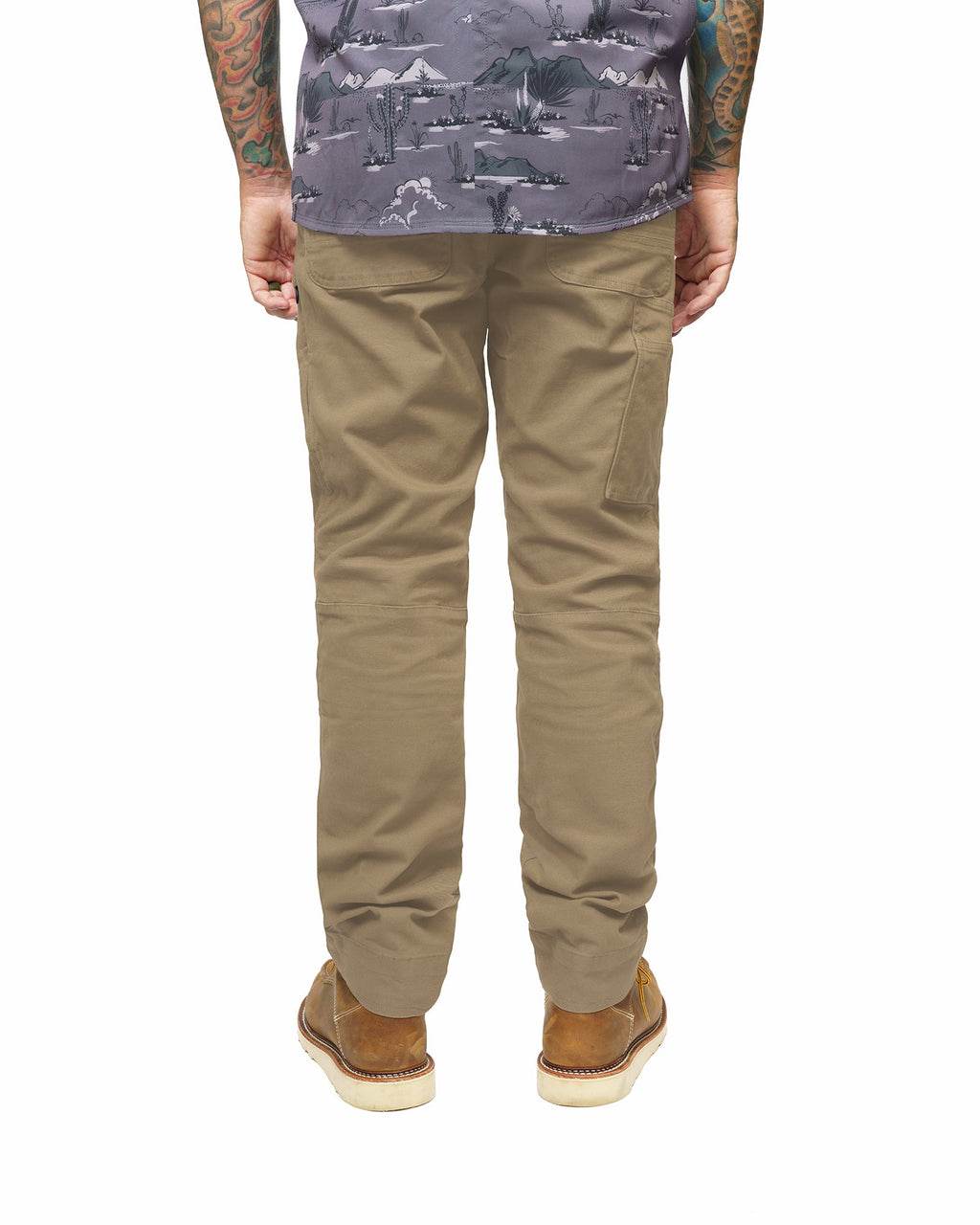 Coyote tan cargo-style pants with straight leg silhouette and cuffed ankle hem