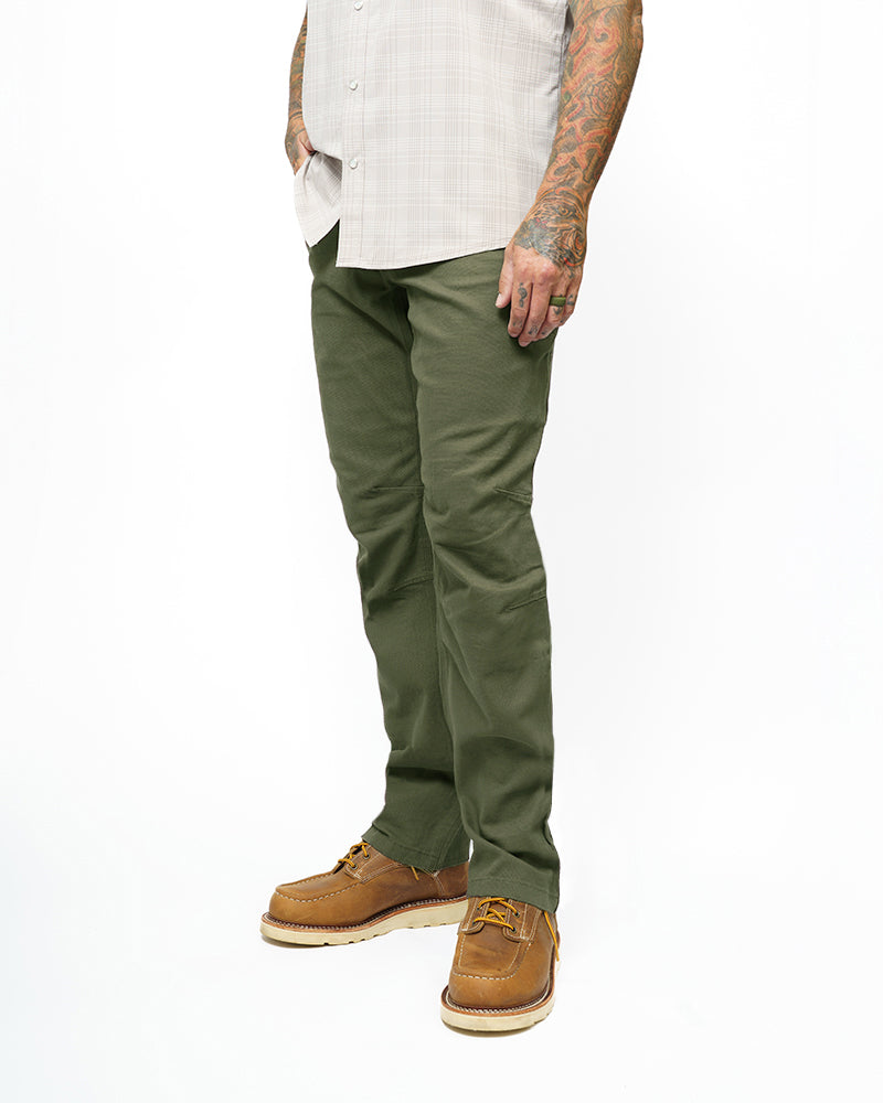 Men's dark olive taper-fit pants with tapered legs and side pockets