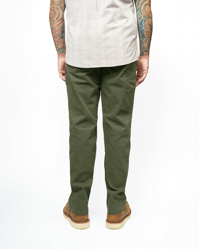 Men's dark olive taper-fit pants with cargo side pockets and belt loops