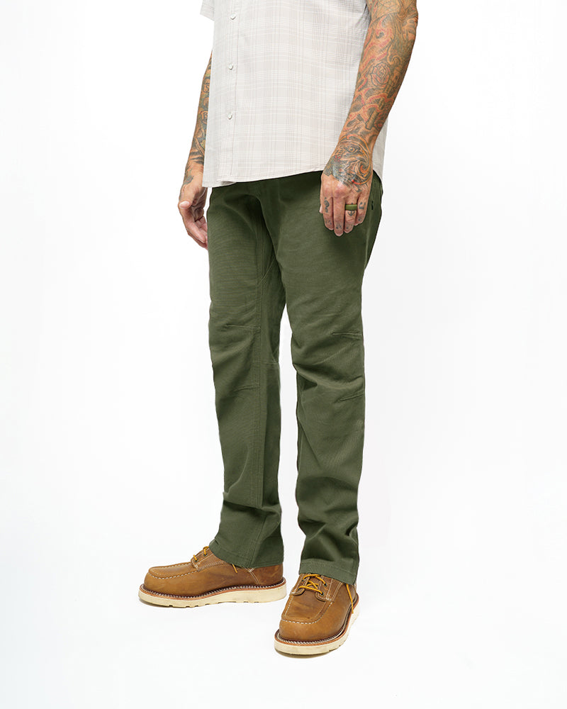 Men's dark olive taper-fit pants with relaxed thigh fit and tapered hem