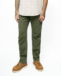 Men's dark olive taper-fit pants, full-length view with tapered leg openings