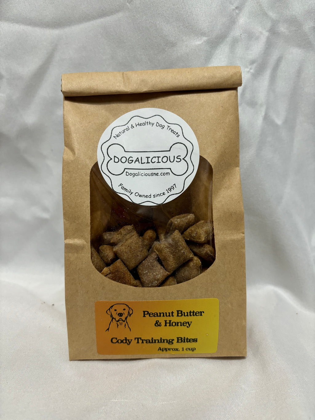 Paper bag of peanut butter and honey dog training bites