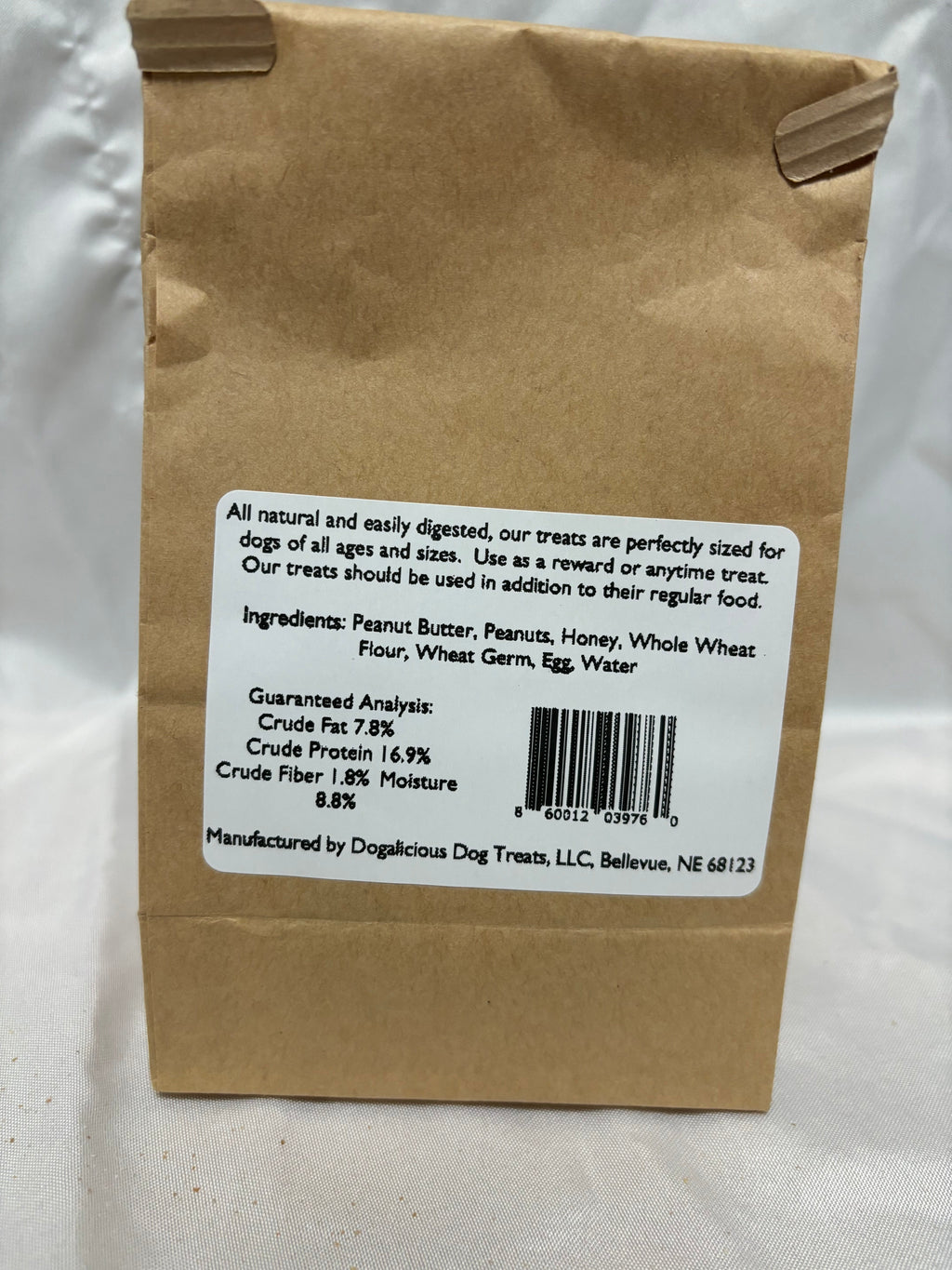 Back label on the peanut butter and honey dog training bite bag