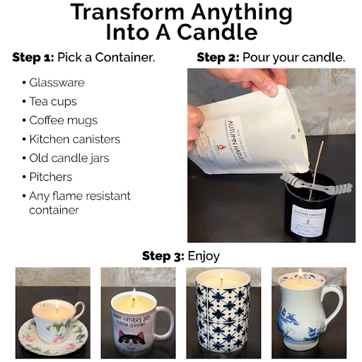 Candle making kit instructions with steps for choosing a container, pouring wax, and enjoying
