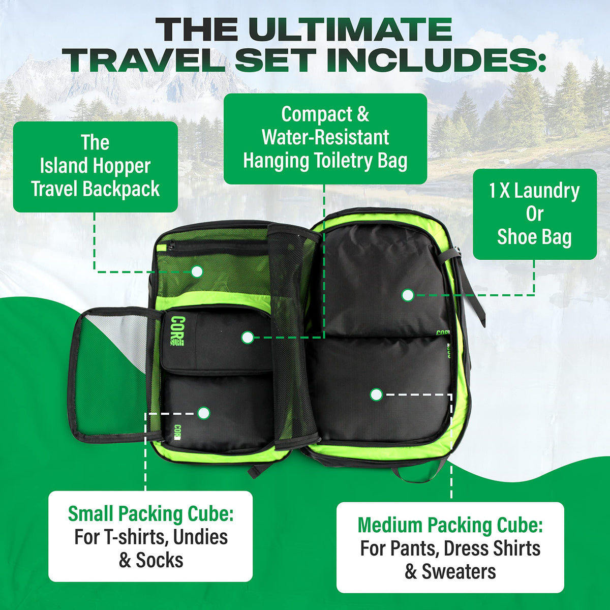 Travel set open with packing cubes and hanging toiletry bag