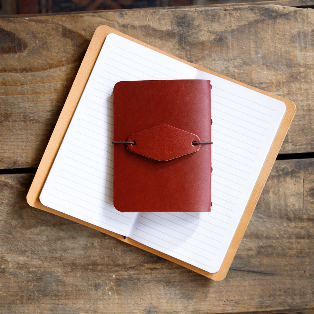 Oxblood leather traveler notebook with strap closure, open pages