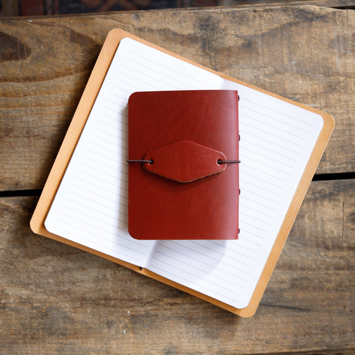 Oxblood leather traveler notebook with strap closure, open pages
