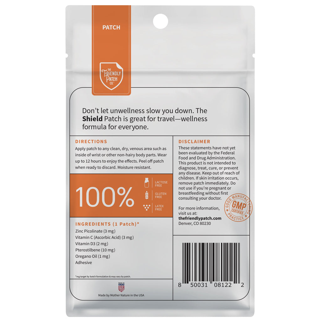 Shield Wellness immunity patch pouch back panel with directions and barcode