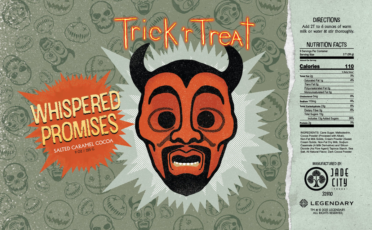 Canned hot cocoa drink with orange clown mask and “Whispered Promises” flavor badge