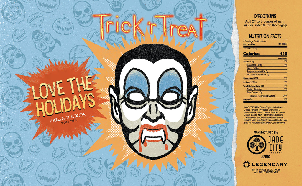 Canned hot cocoa drink with blue-eyed clown mask and “Love the Holidays” flavor text
