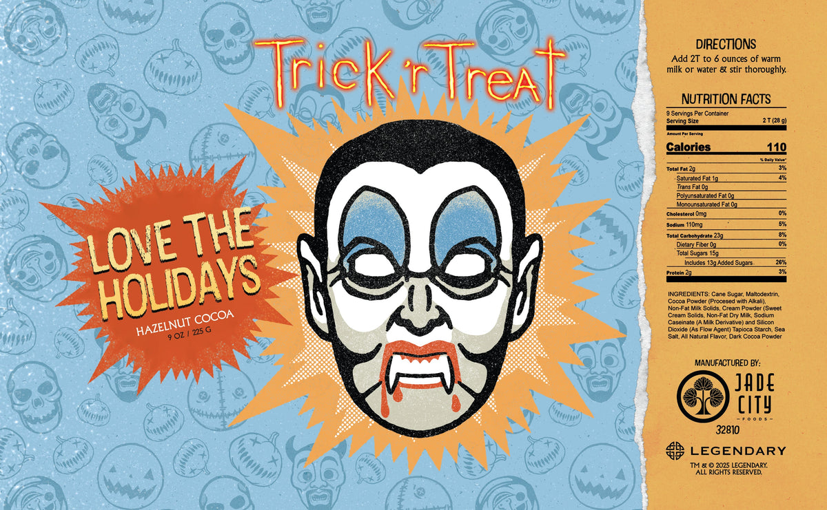 Canned hot cocoa drink with blue-eyed clown mask and “Love the Holidays” flavor text