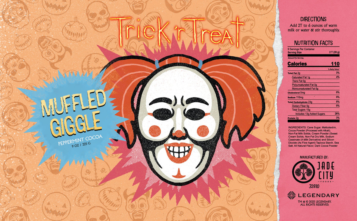 Hot cocoa can label with cartoon panda clown face and “Muffled Giggled” flavor text