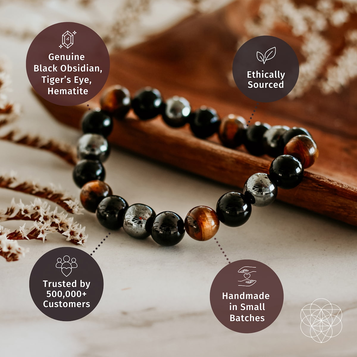 Beaded stretch bracelet featuring glossy black stones, tiger-eye accent beads, and silver hematite.