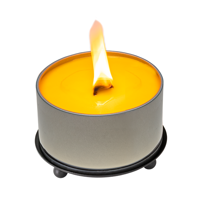 Yellow candle in gray trivet base with three ball feet, flame centered