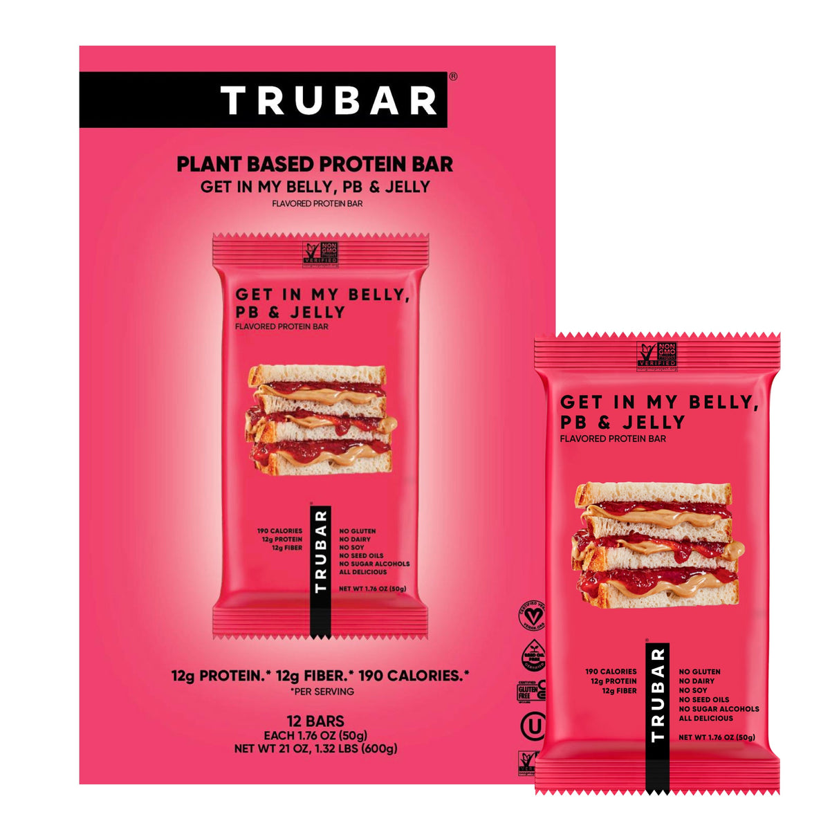 TRUBAR plant-based protein bar pack and single bar, both pink