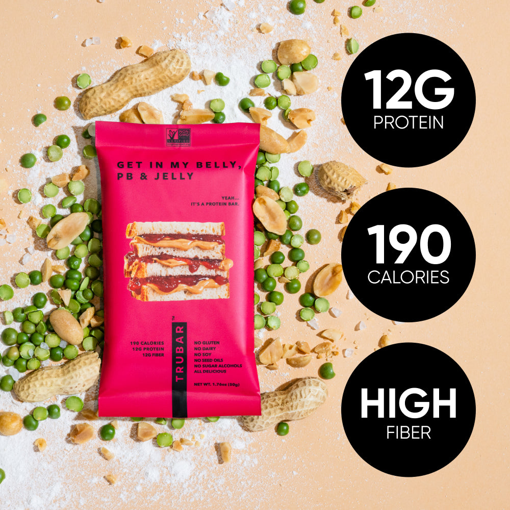 Pink TRUBAR protein bar bag on nuts and peas, with 12g protein badge